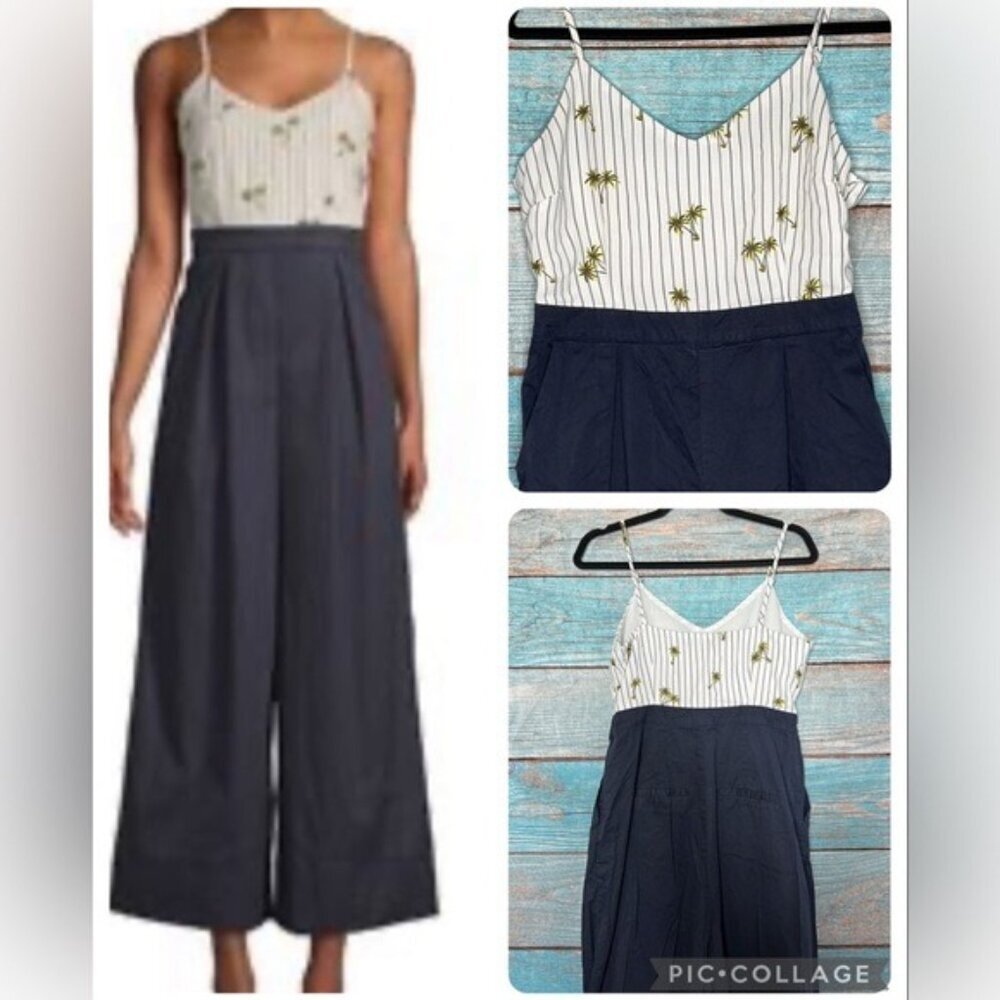 English Factory Jumpsuit Wide Leg Size M Navy Palm Tree Print